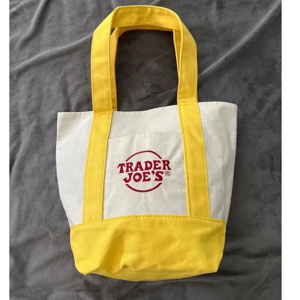Trader Joes Mini Tote Canvas Yellow Trim Logo Graphic Double Handles Grocery